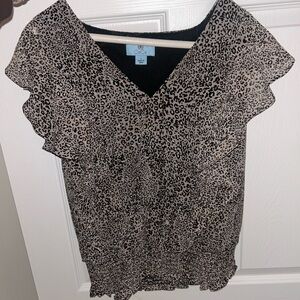 CeCe Black and Tan Animal Print Ruffle Blouse